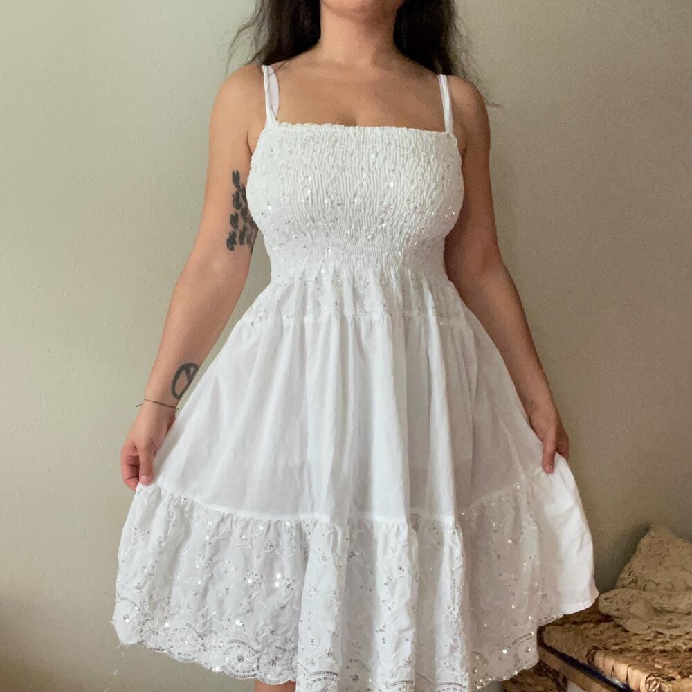 Y2K vintage 2000s white cotton sequin midi dress fairy cottage boho | size s/m
